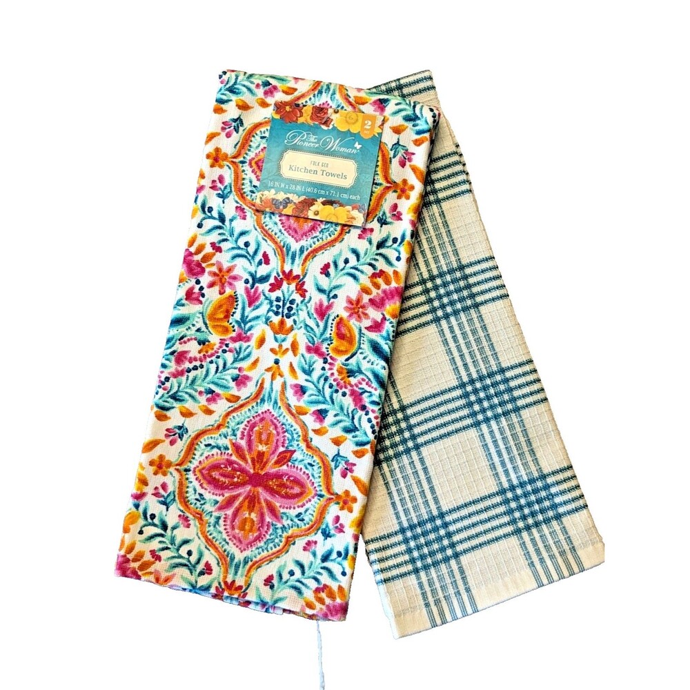 Pioneer Woman Folk Geo Floral Kitchen Towels Blue White Plaid 2-pc Cotton NEW